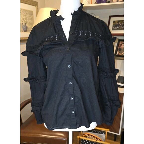 & Other Stories Black Gothic Embroidered Ruffle Collar Puff Sleeve Romantic Top - Picture 9 of 11